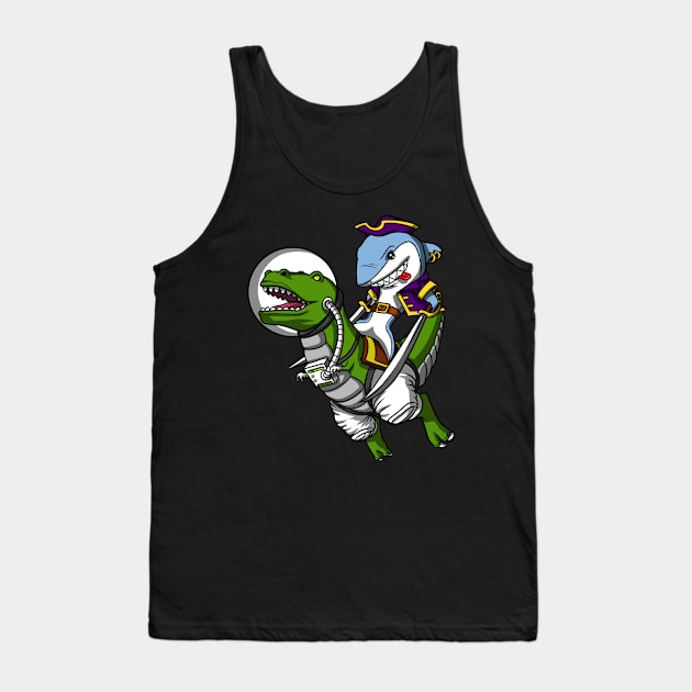 Shark Pirate Riding T-Rex Dinosaur Tank Top by underheaven